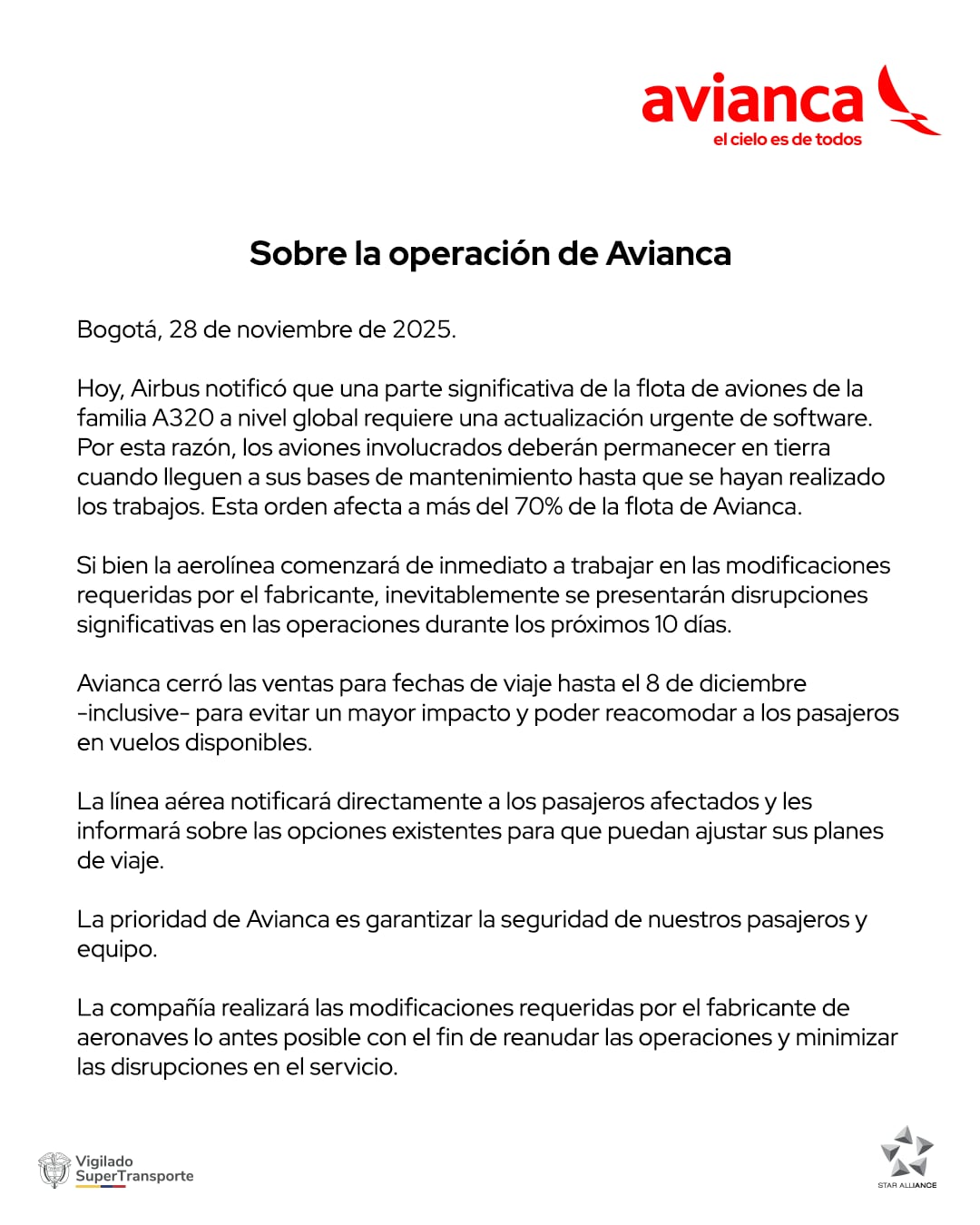 Avianca sobre advertencia de Airbus