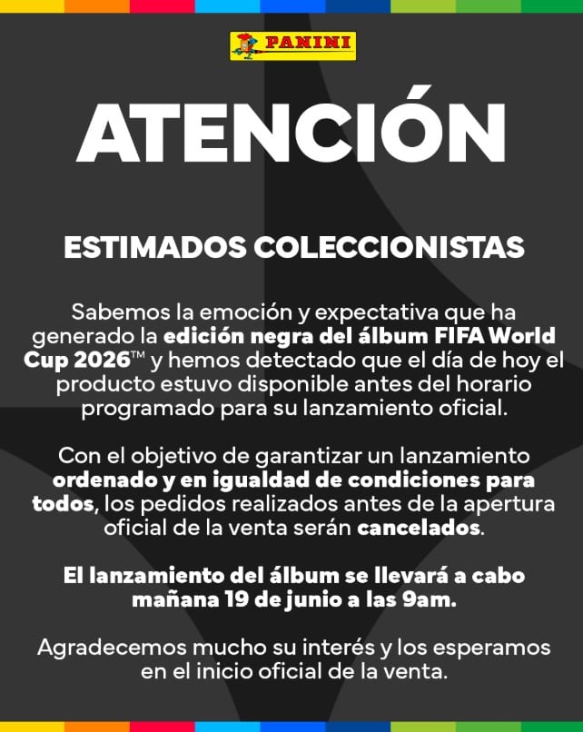 Comunicado álbum Mundial 2026 edición negra de Panini