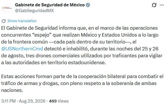 Sedena confirma que drones derribados en Estados Unidos eran usados para traficar migrantes