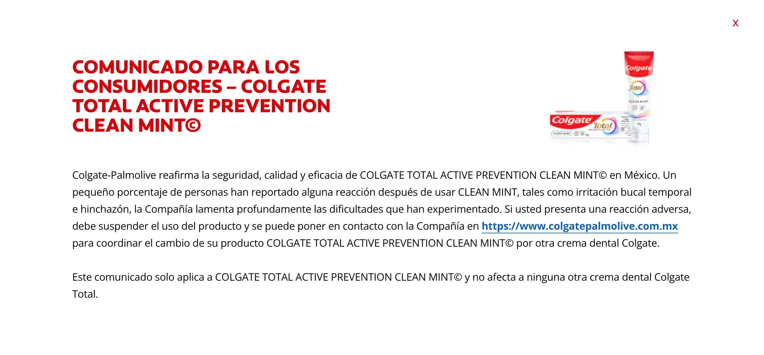 Comunicado de Colgate tras el retiro de la pasta Colgate Total Clean Mint de la Cofepris