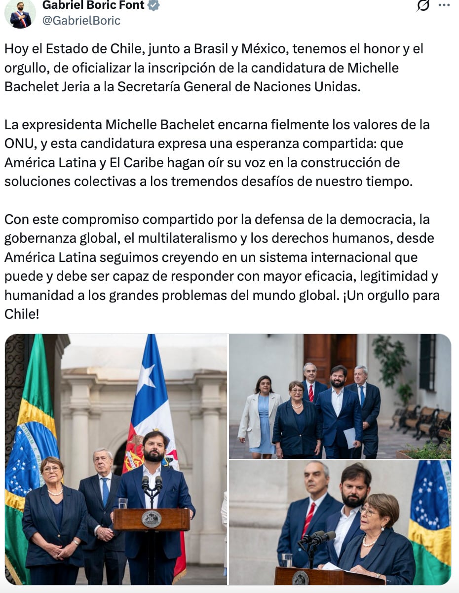Gabriel Boric habla de la candidatura a la ONU de Michele Bachelet