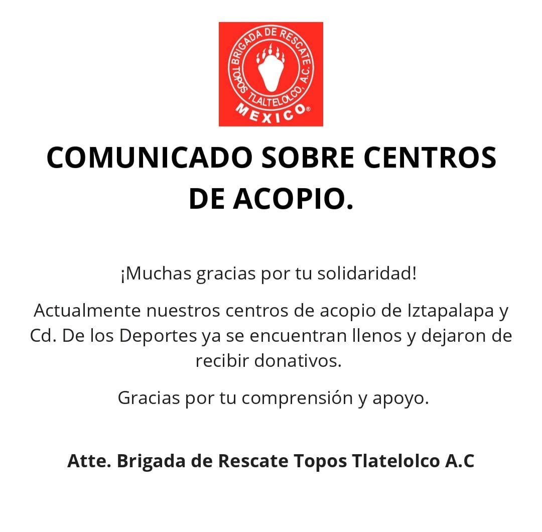 Comunicado de Topos México sobre sus centros de acopio.