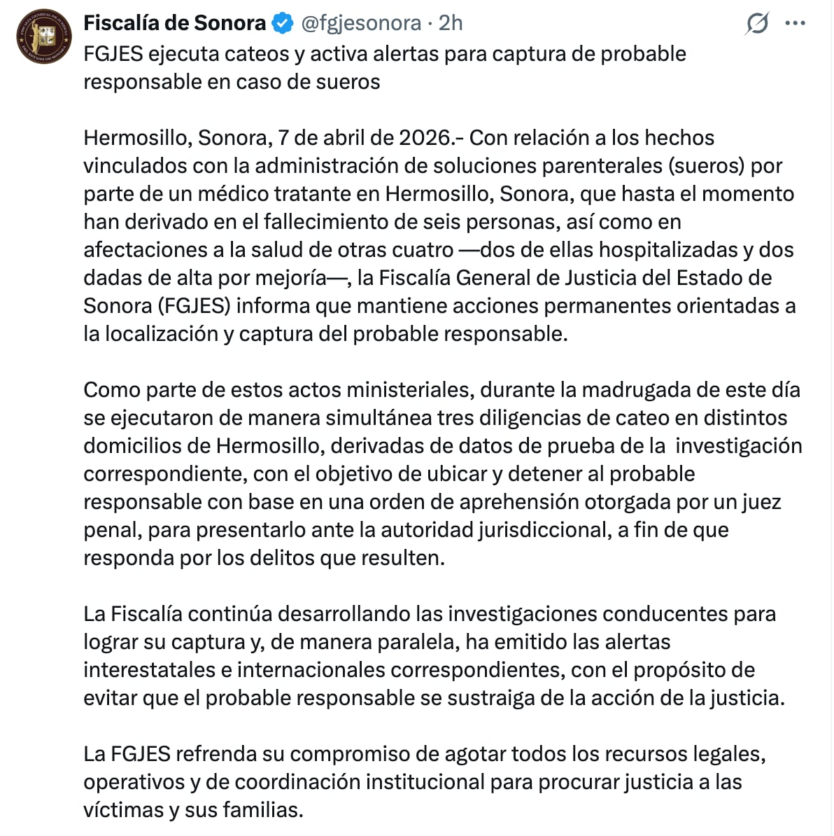 Comunicado de la FGJES sobre el caso de los sueros vitaminados
