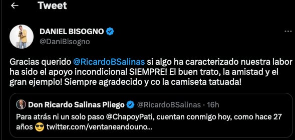 Daniel Bisogno tiene "la camisa tatuada" de TV Azteca por el apoyo de Ricardo Salinas Pliego.