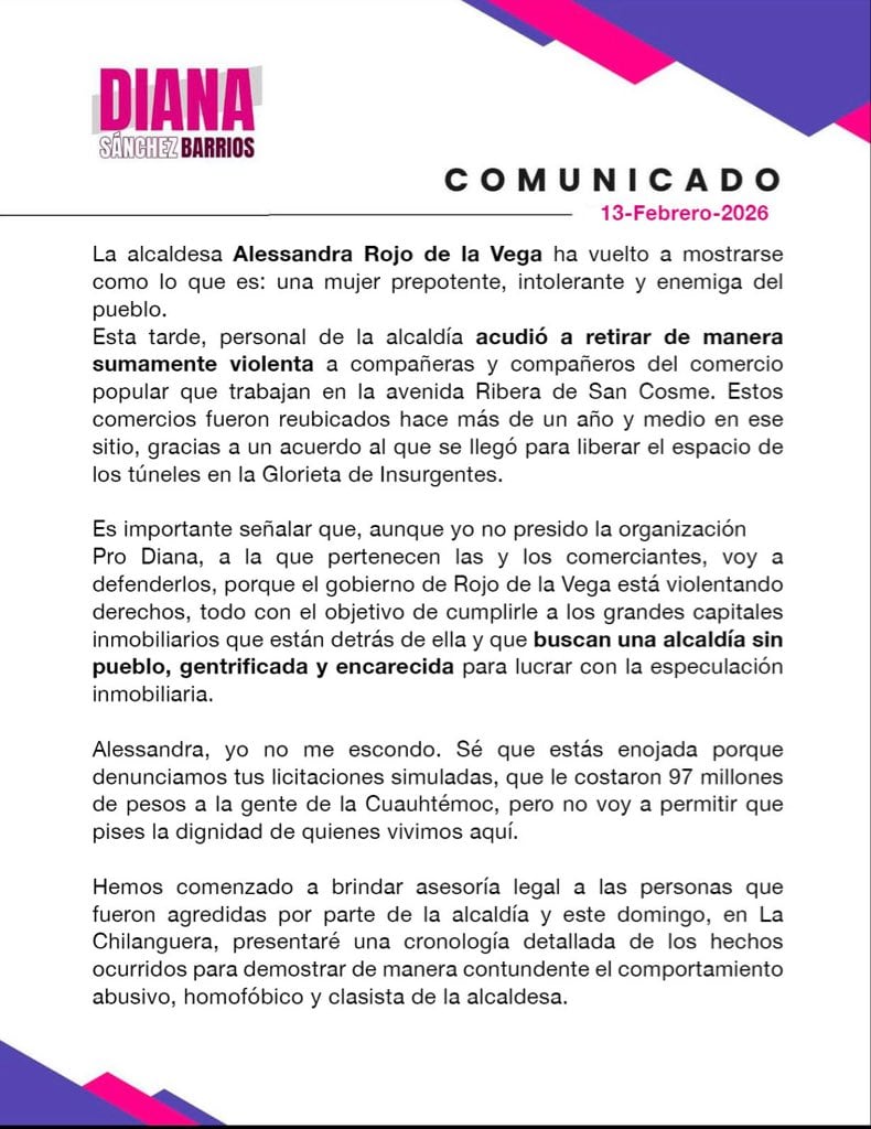 Comunicado de Diana Sánchez Barrios