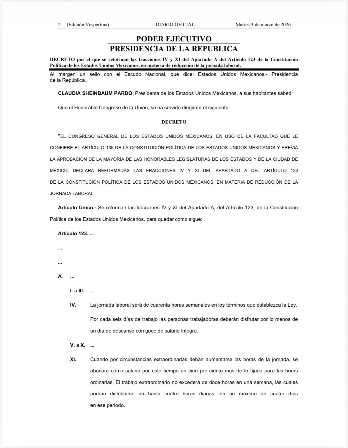 Ya es oficial la jornada laboral de 40 horas en México