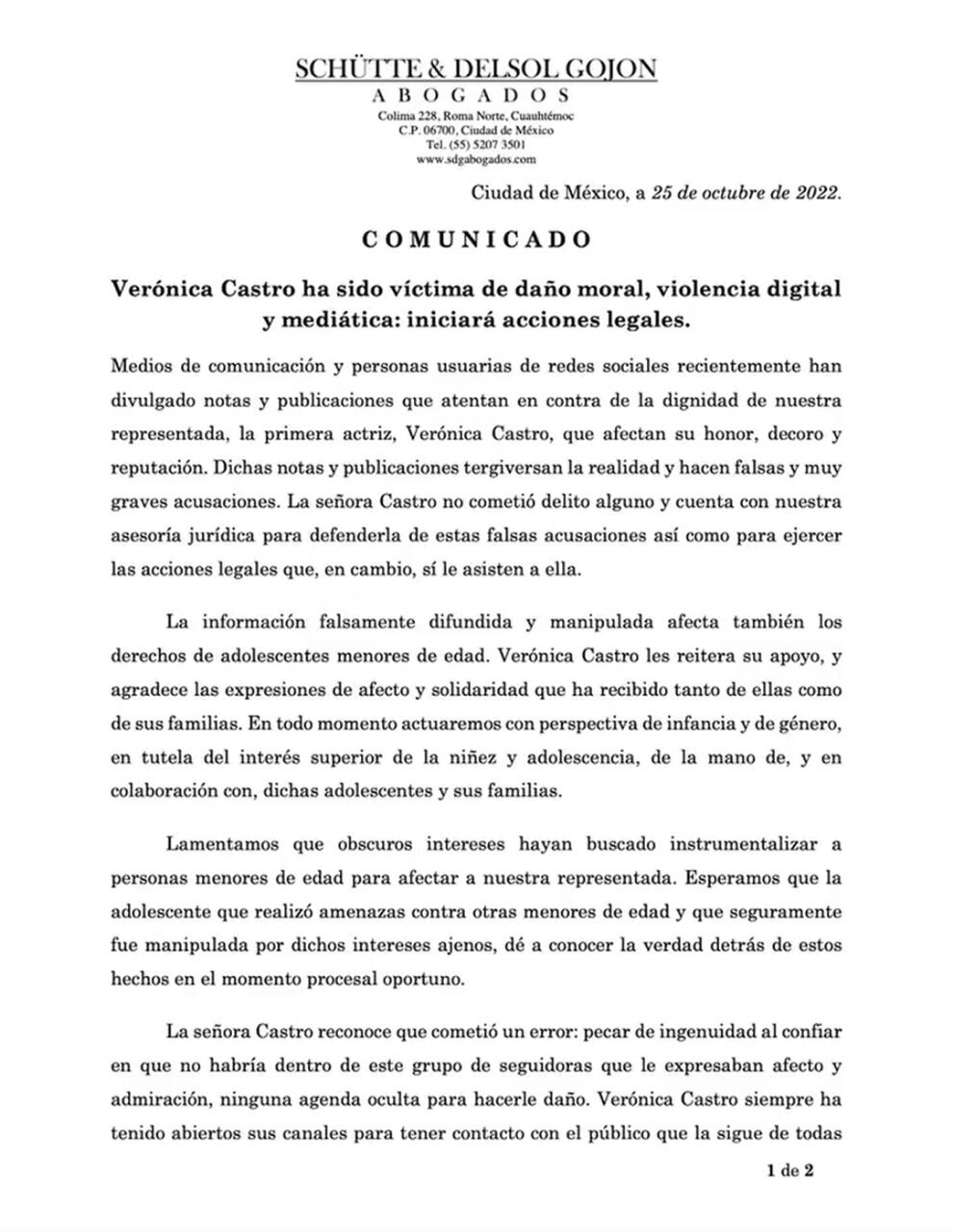 Comunicado de la firma de abogados de Schütte & Delsol Gojon, representantes de Verónica Castro