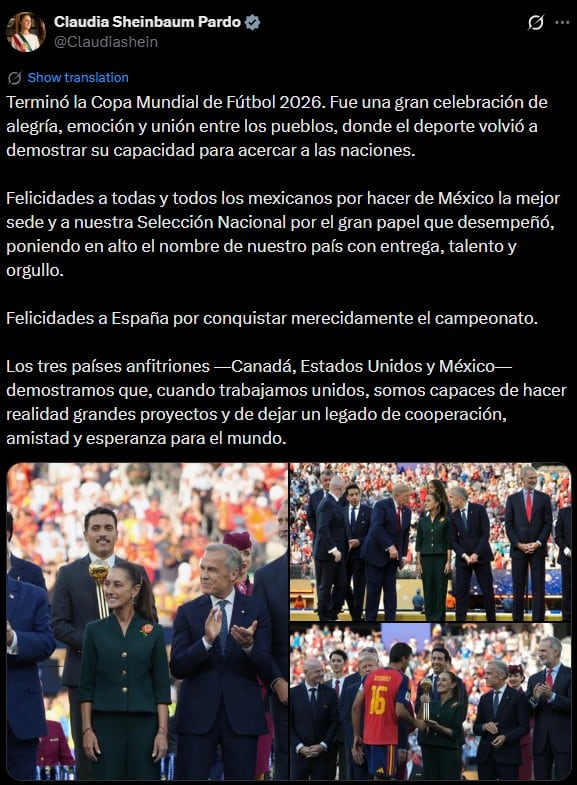 Sheinbaum felicita a España por ganar el Mundial 2026