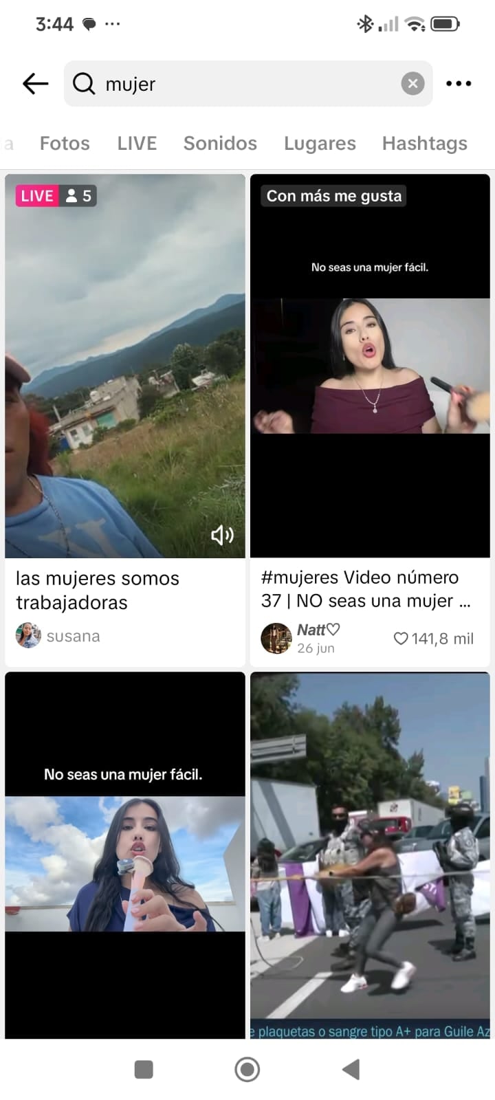 Buscando la palabra "mujer" en TikTok.