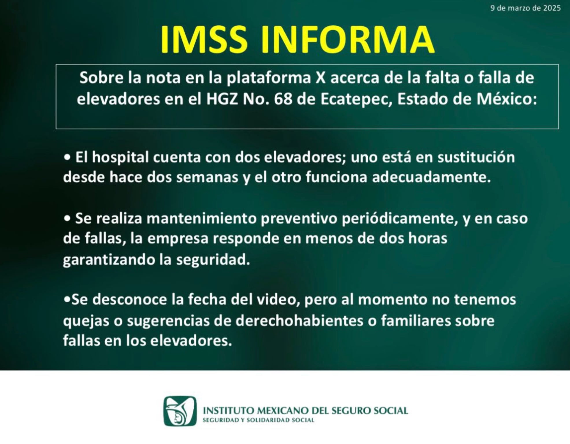 Comunicado IMSS sobre muerto y ausencia de elevador en Ecatepec