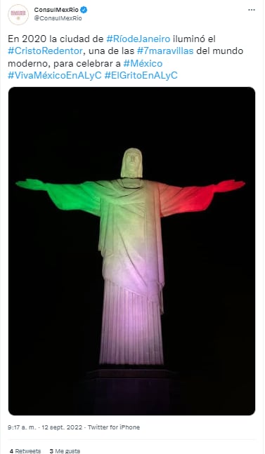 Este 15 de septiembre, el Cristo Redentor se vistió con colores de la bandera de México por el Día de la Independencia