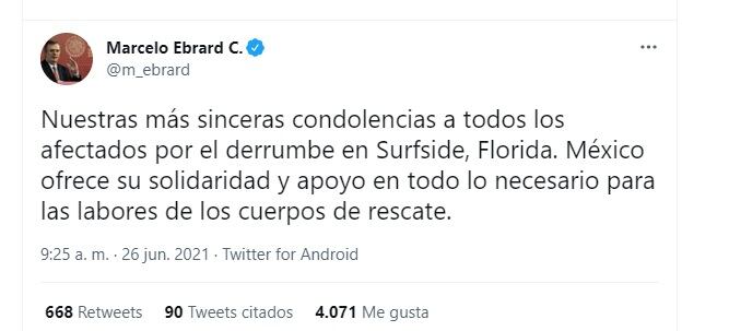 Marcelo Ebrard envía mensaje de apoyo tras derrumbe en Miami
