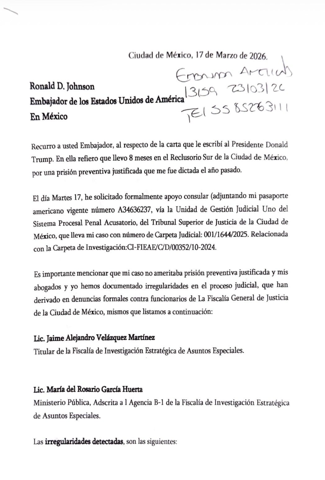 Carta de John Urich-Sass, heredero de BACO