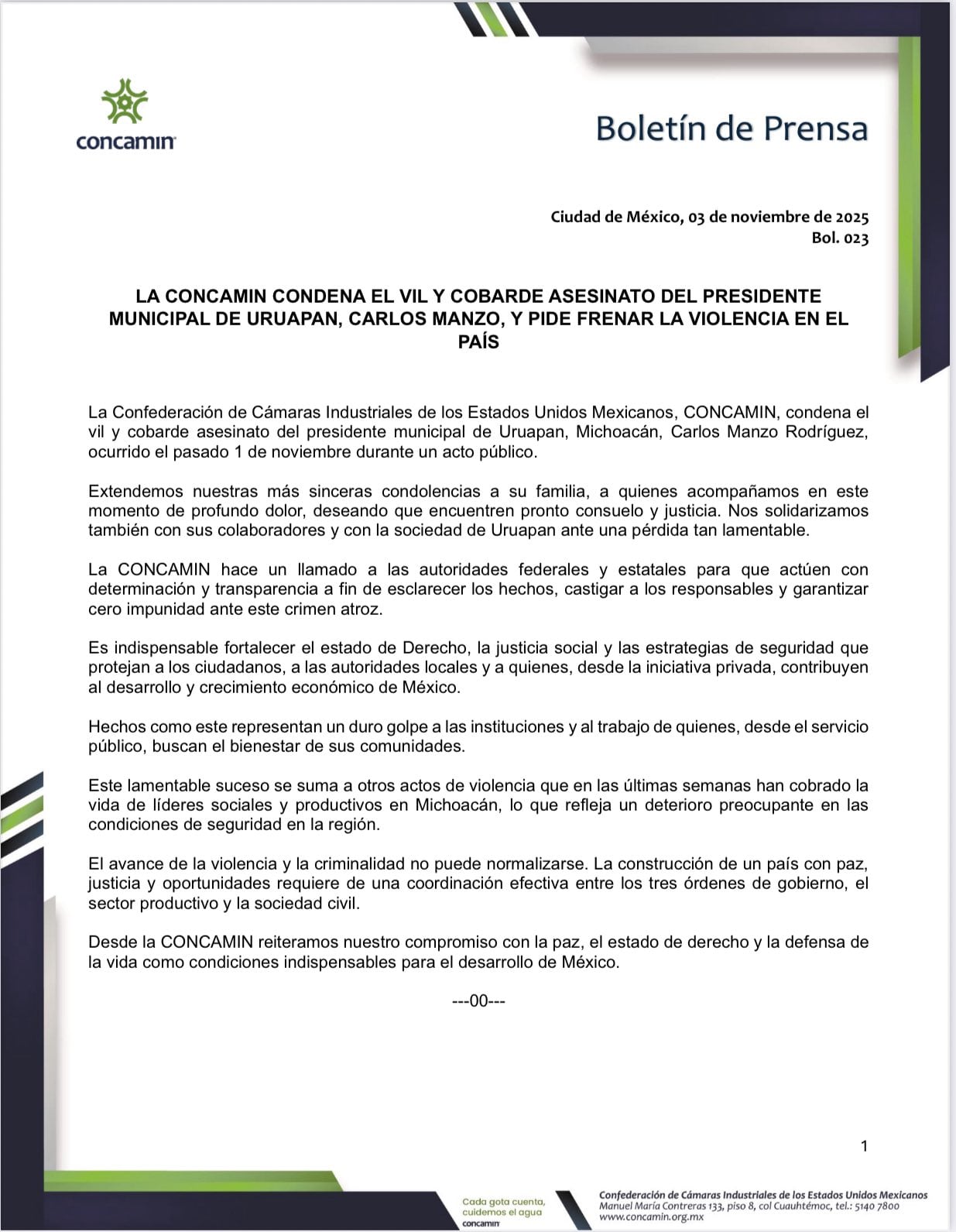 CONCAMIN advierte por falta de seguridad en Michoacán