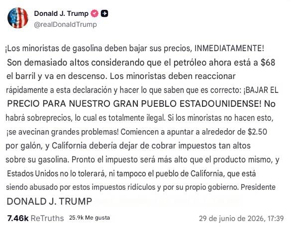 Donald Trump exige bajar el precio de la gasolina (traducida).