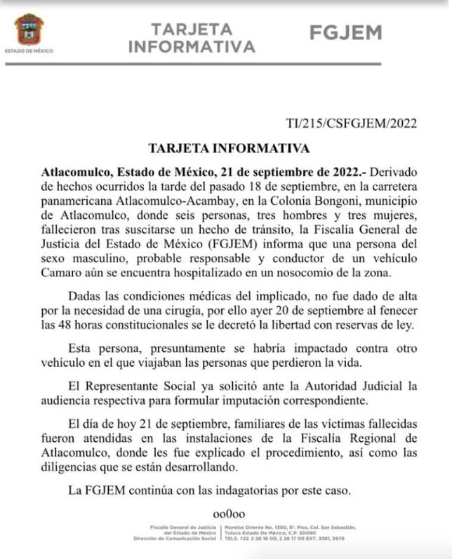 Comunicado de la FGJEM sobre el caso de Heisenwolf