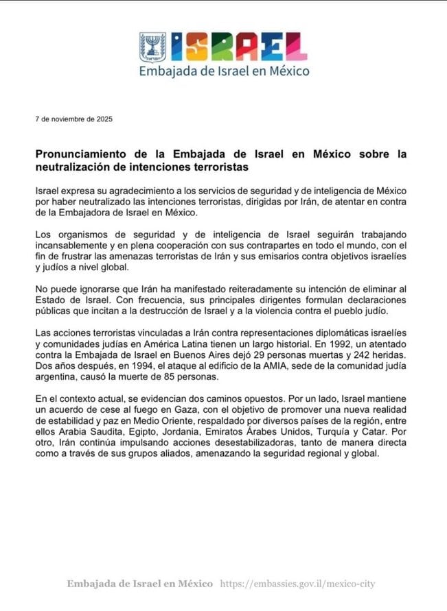 Sobre el supuesto atentado contra la embajadora de Israel en México