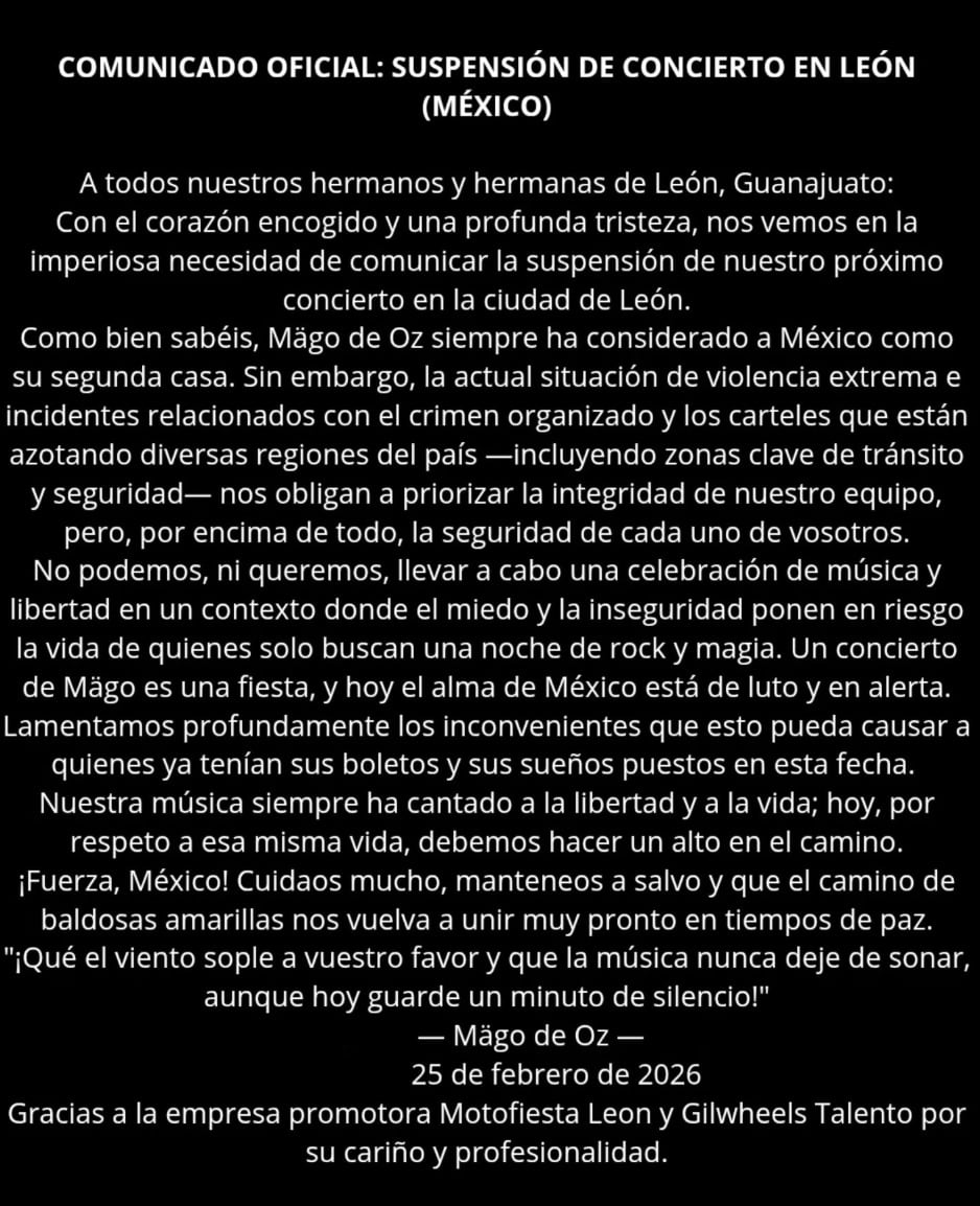 Mägo de Oz cancela concierto en León, Guanajuato