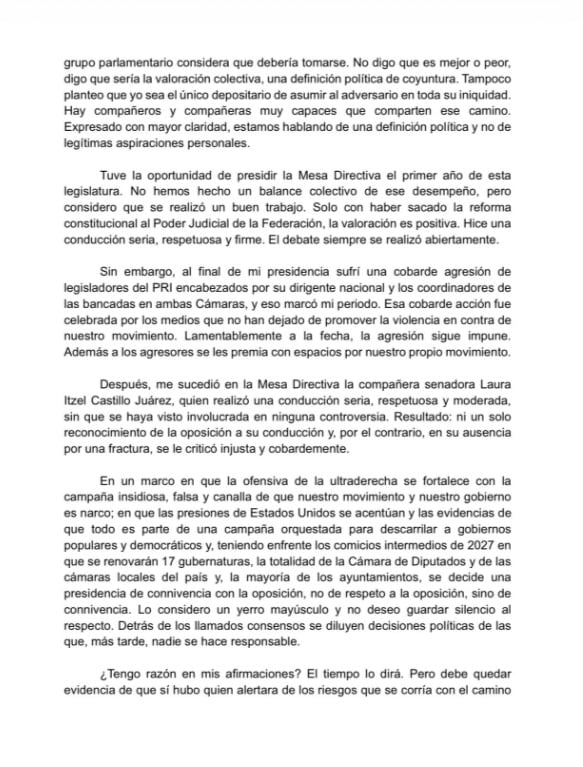 Fernández Noroña comparte su postura tras la elección del dirigente del Senado