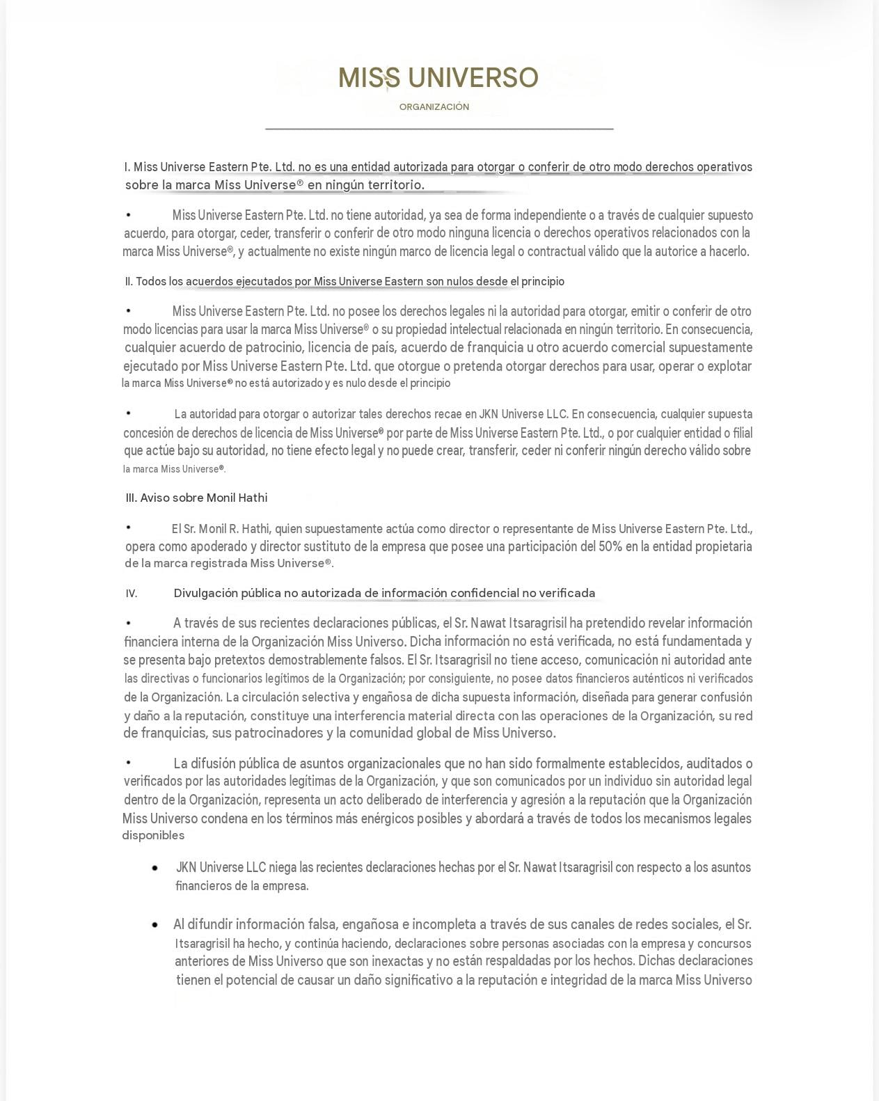 Comunicado de Miss Universo sobre la salida de 6 candidatas (traducido).