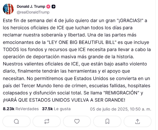 Donald Trump agradece a agentes del ICE