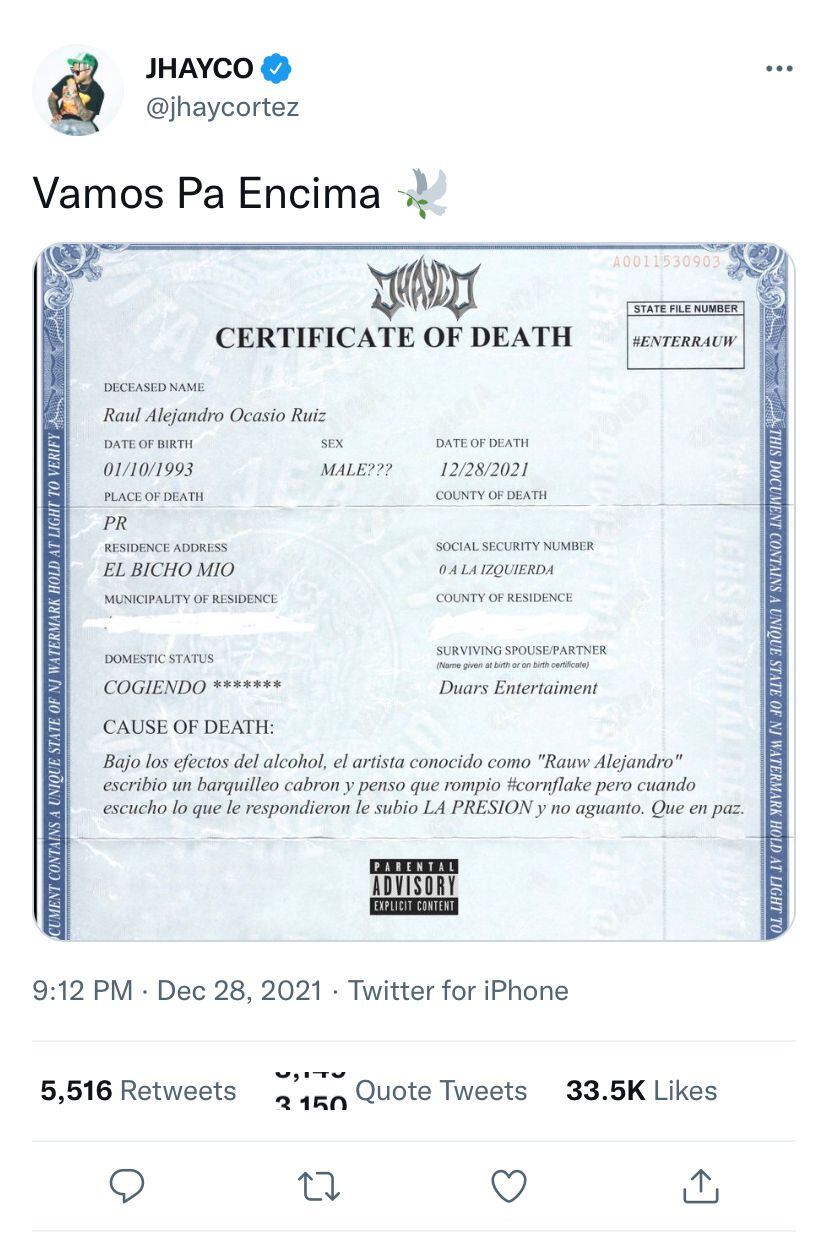 Certificado Rauw Alejandro