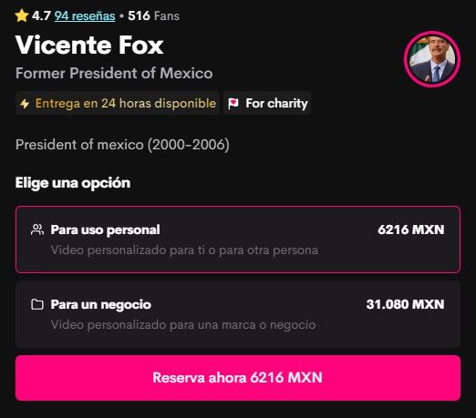 Precios de Vicente Fox en Cameo