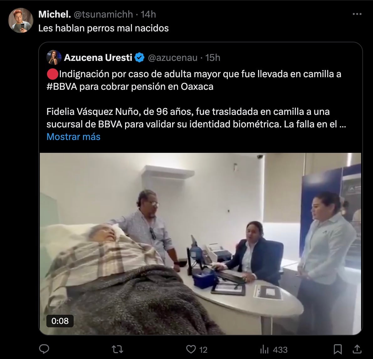 BBVA ignora críticas en redes sociales por obligar a mujer de 96 años de edad a asistir en camilla a sucursal en Oaxaca