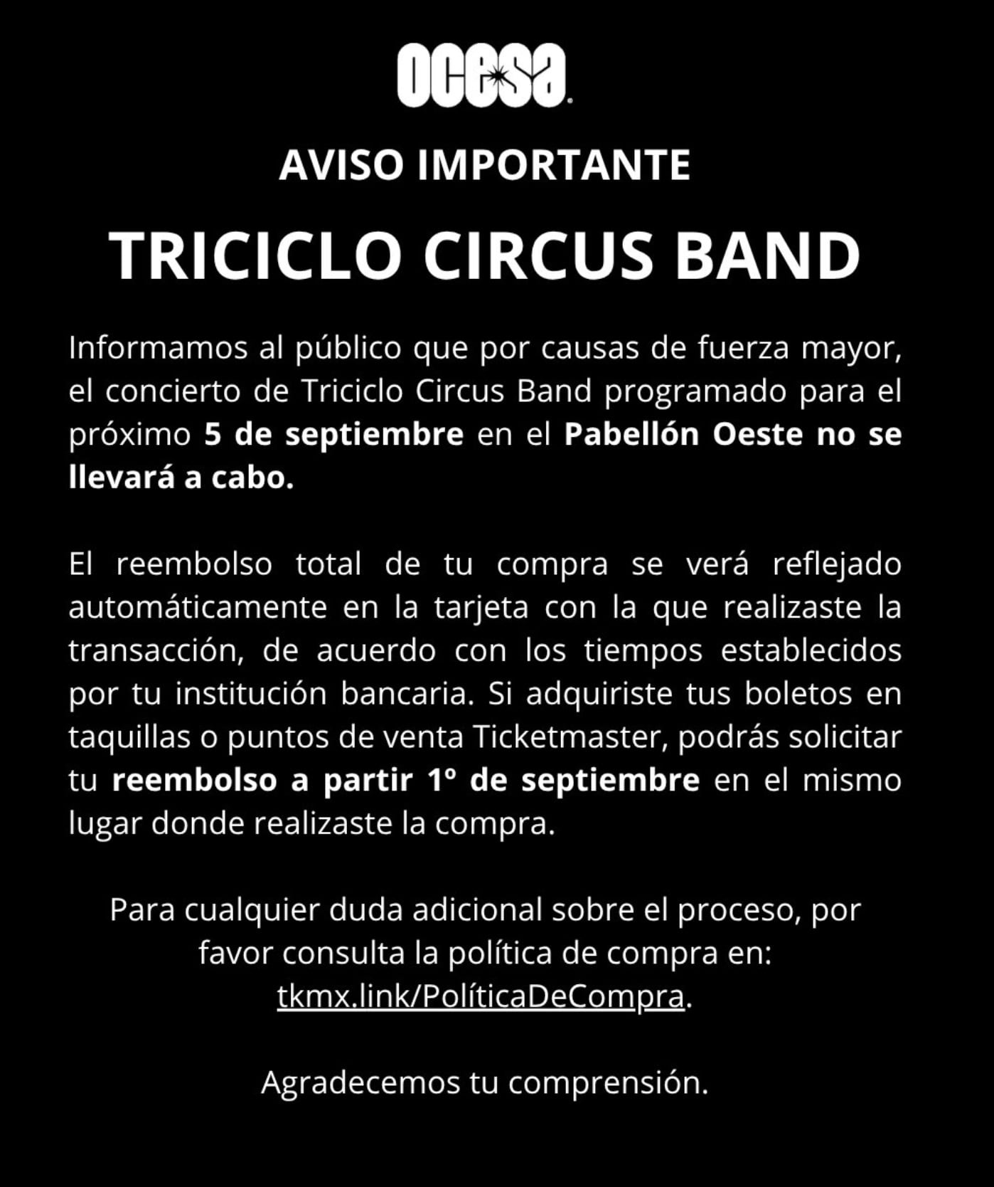 Triciclo Circus Band cancela su concierto en Pabellón Oeste