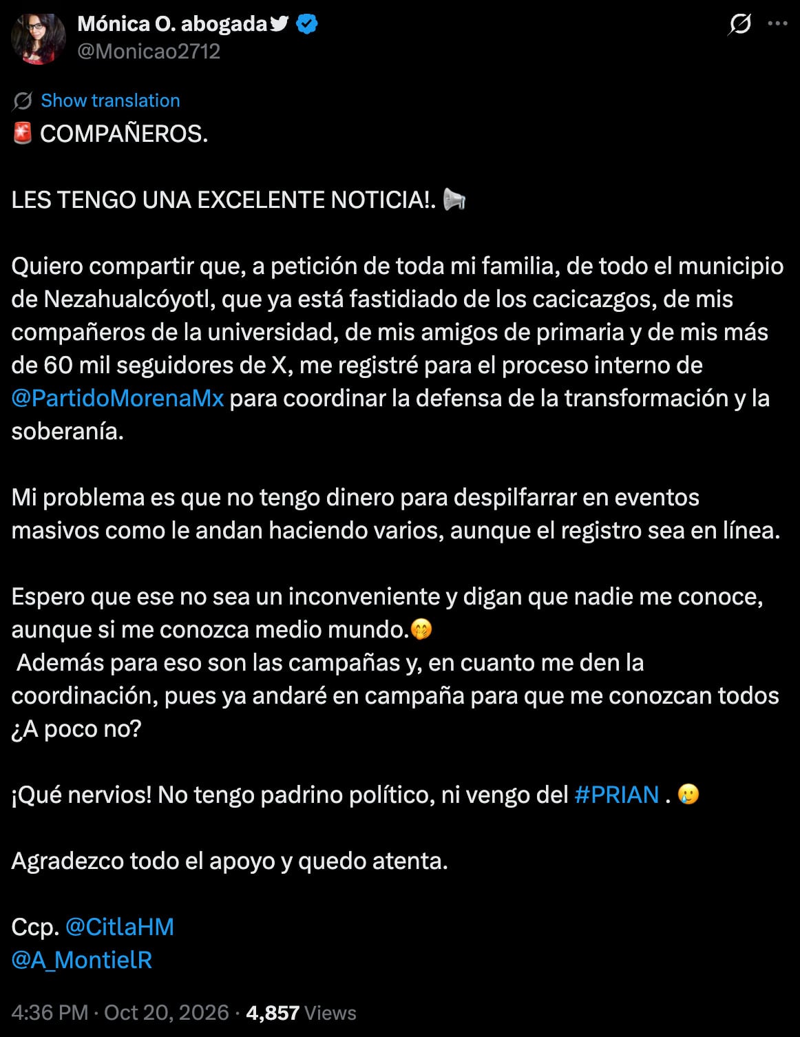 Mónica Ordóñez se suma al proceso interno para la coordinación de Morena en Nezahualcóyotl