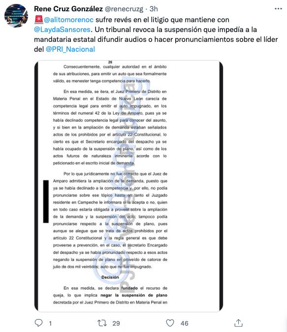 Documento dan revés a Alejandro Moreno y le revocan el amparo sobre difusión de audios de Layda Sansores