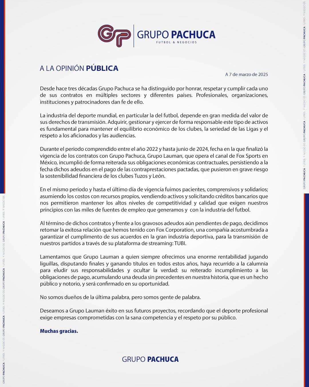 Comunicado de Grupo Pachuca sobre Fox Sports México.