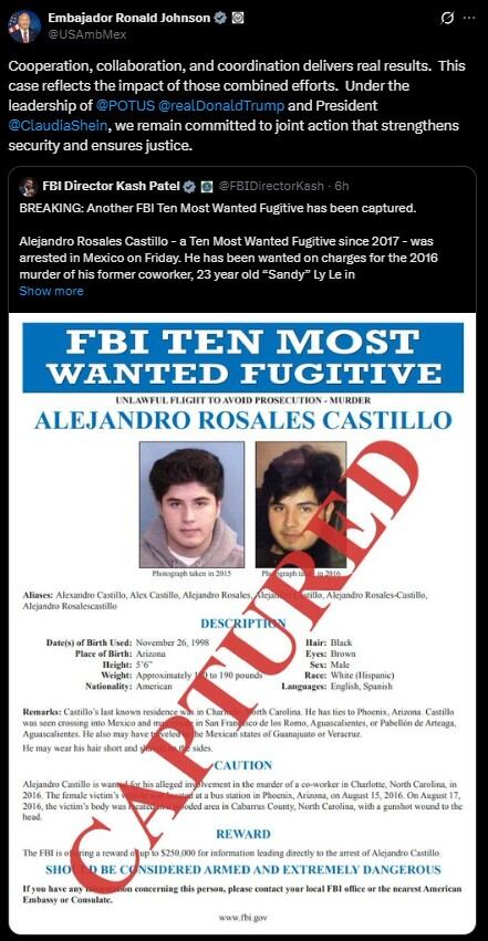 Ronald Johnson, embajador de Estados Unidos, destaca detención de Alejandro Rosales Castillo