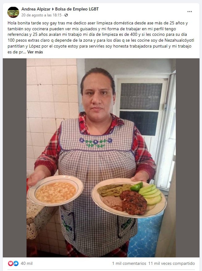 Andrea Alpizar, mujer trans, pide empleo vía Facebook