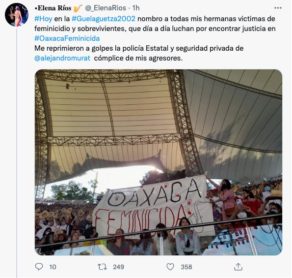 La saxofonista María Elena Ríos acusó que le arrebataron una manta con la frase “Oaxaca feminicida” y que la golpearon tras efectuar una protesta pacífica.