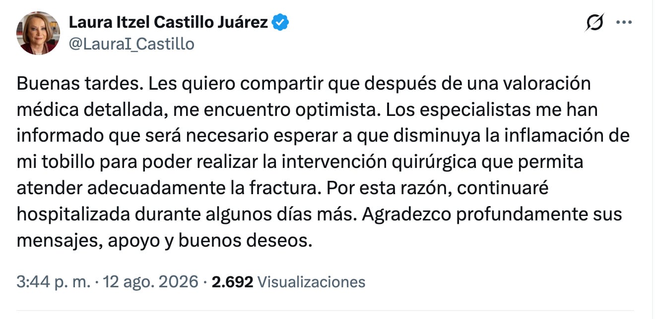 Laura Itzel Castillo permanecerá hospitalizada por su fractura de tobillo