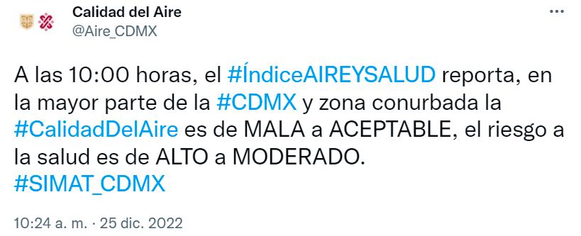 Mala calidad del Aire en CDMX este 25 de diciembre en Navidad