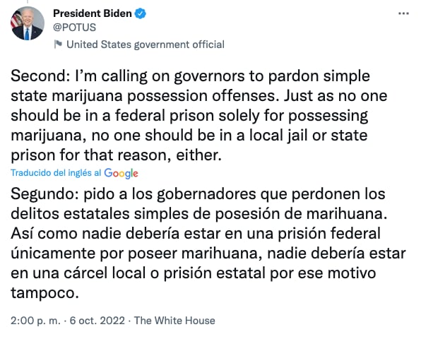 Joe Biden pide a gobernadores perdonar también las condenas por posesión de marihuana