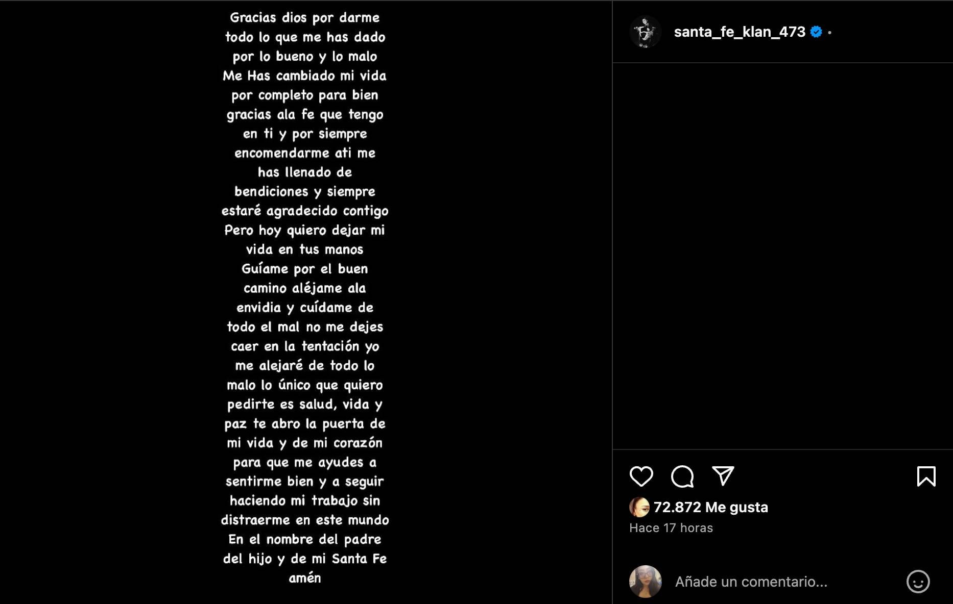 Santa Fe Klan se pone religioso y pide a dios que lo aleje de las envidias y tentaciones