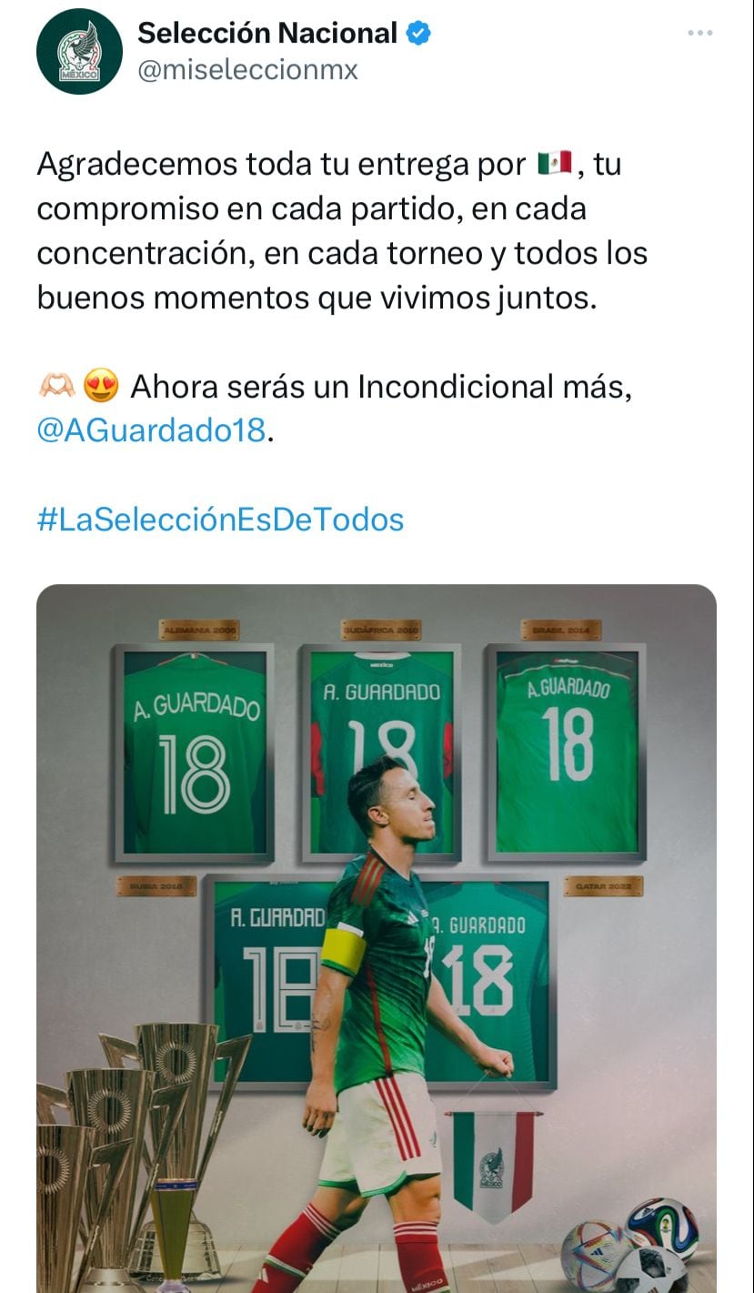 La Selección Mexicana tardó horas en felicitar a Andrés Guardado por su retiro.