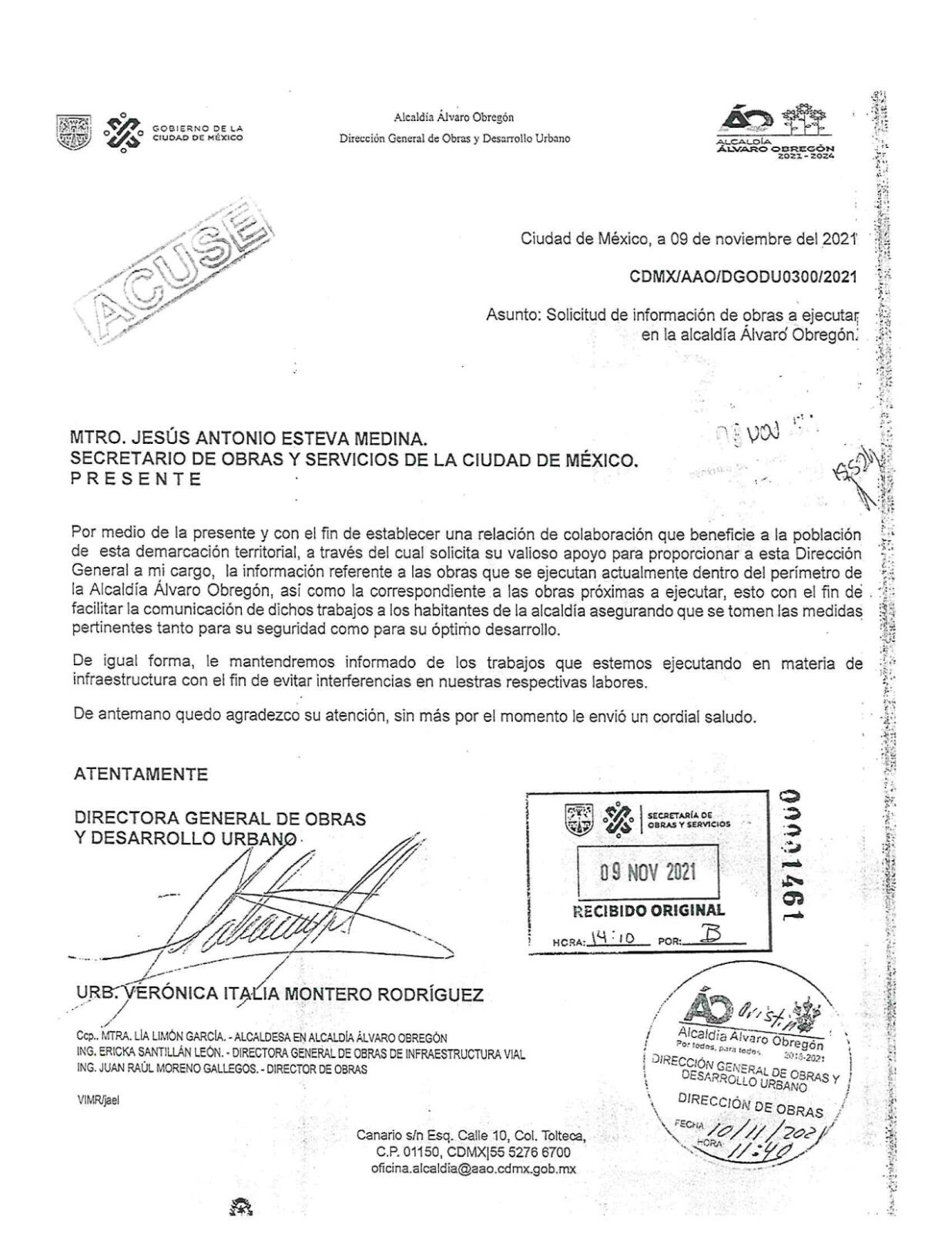 Oficios enviados por Lía Limón a la Secretaria de Obras y Servicios