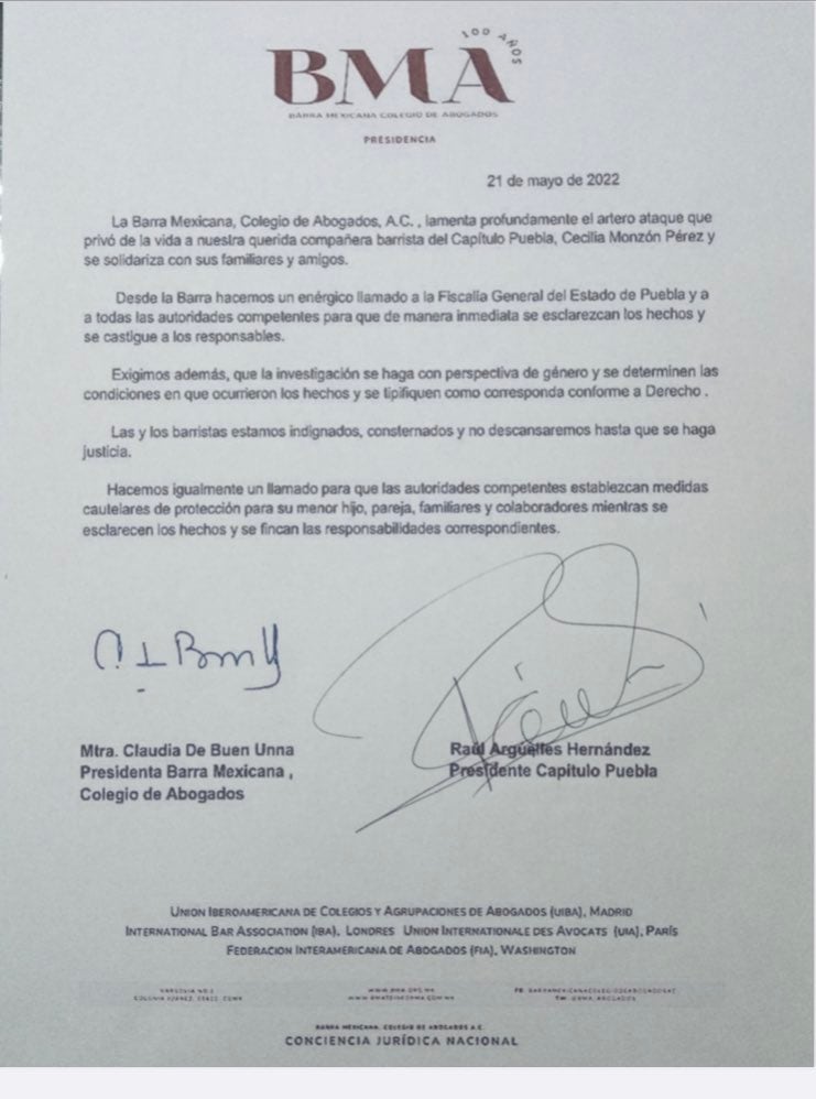 BMA pide el esclarecimiento del asesinato de la abogada y activista Cecilia Manzón en Puebla