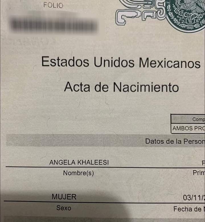 Acta de Nacimiento de Ángela Khaleesi