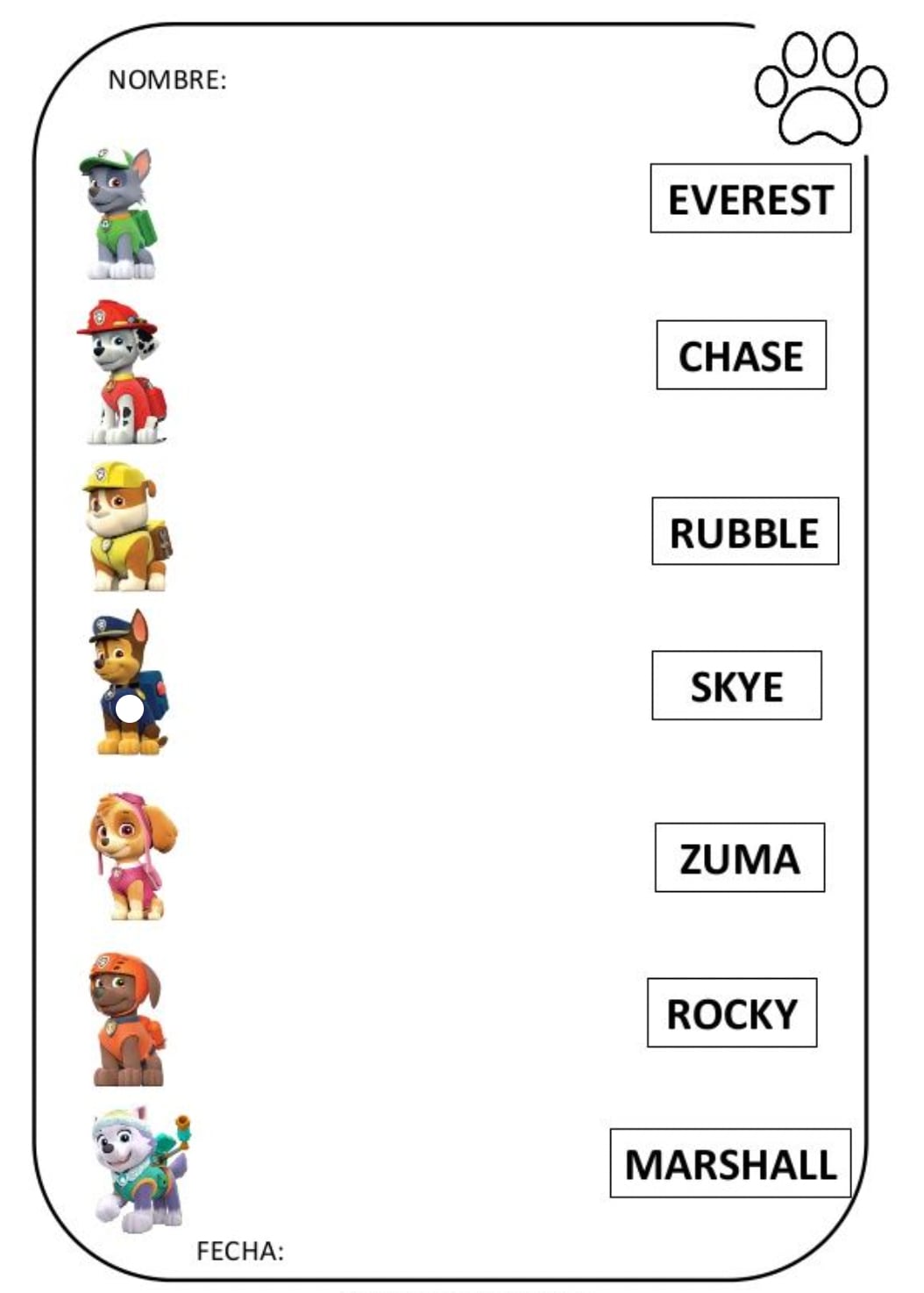 Elige el nombre en el libro de Paw Patrol para imprimir y colorear