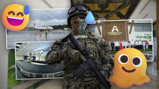 Militares trapean goteras en el Aeropuerto Internacional de Tulum