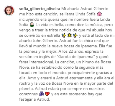Nieta de Astrud Gilberto comparte la muerte de la cantante.