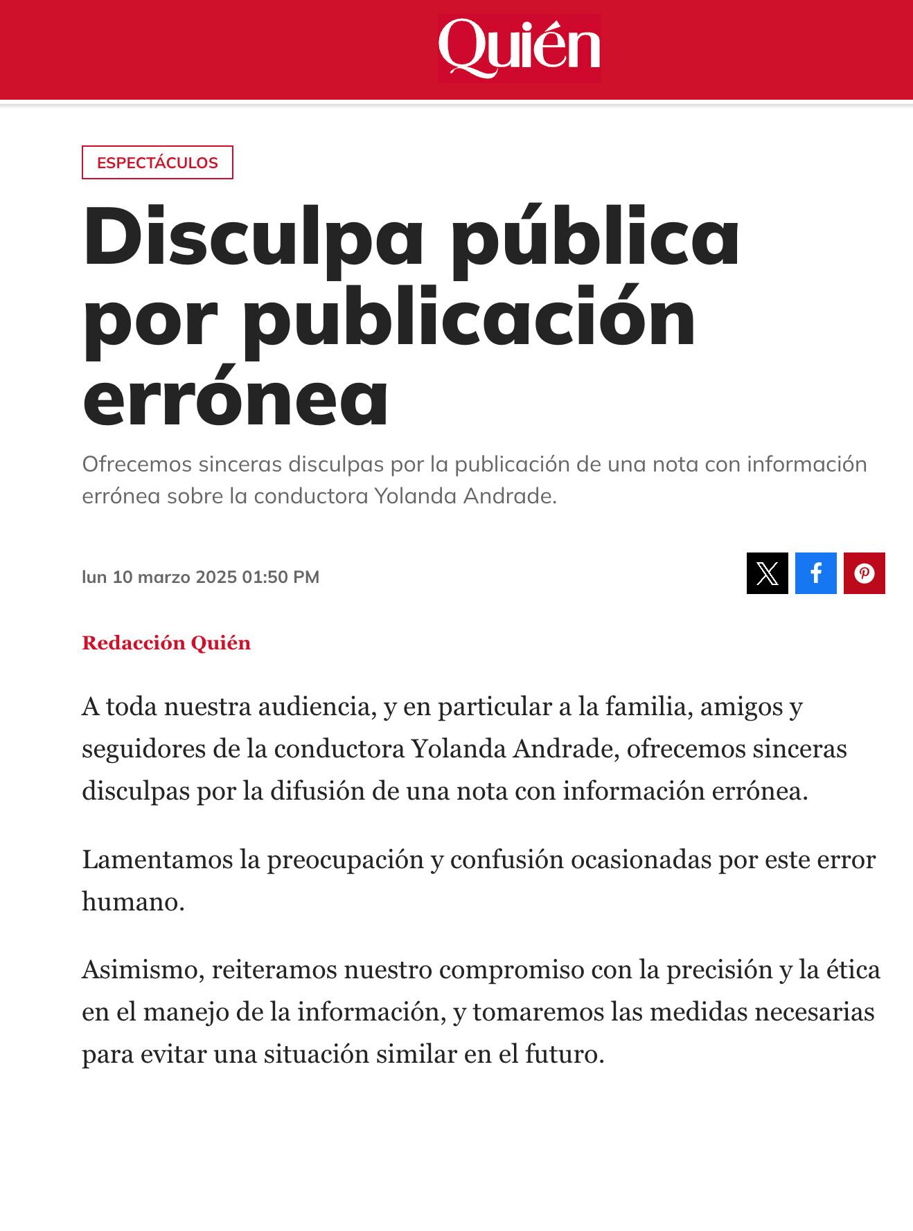 La revista Quién se disculpa con Yolanda Andrade