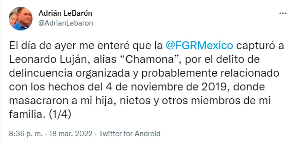 Adrián Lebarón quiere colaborar con la FGR para la investigación de la masacre en Bavispe, Sonora/Twitter