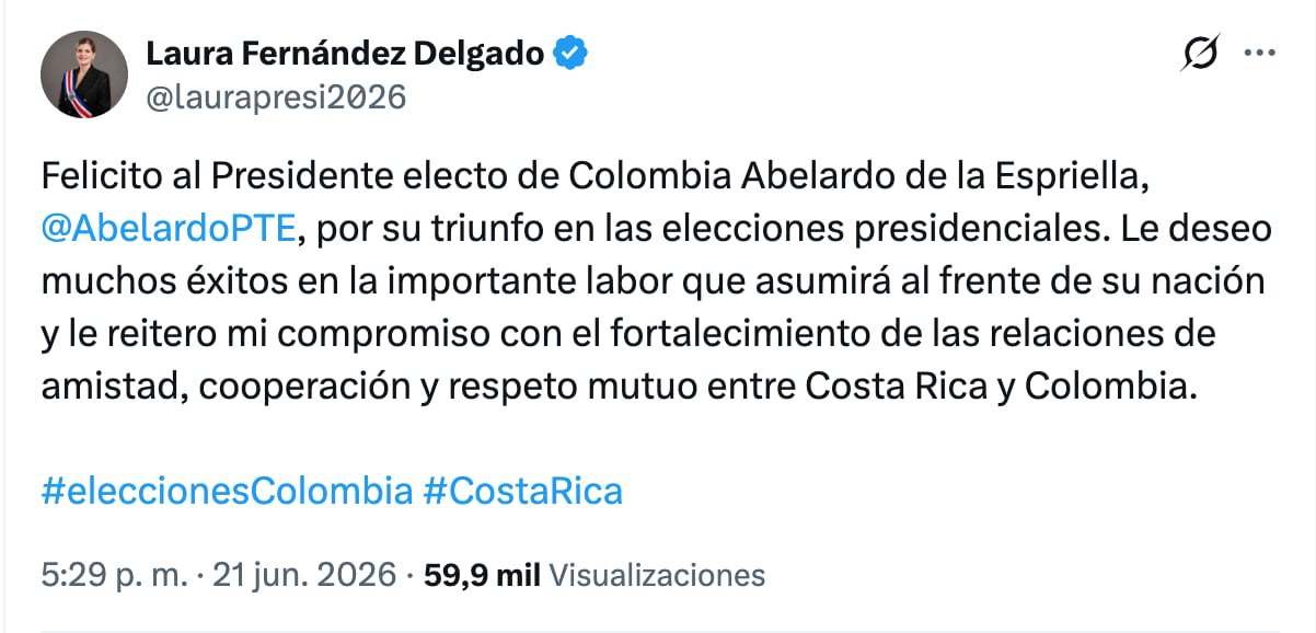 Líderes mundiales felicitan a Abelardo de la Espirella, presidente electo de Colombia