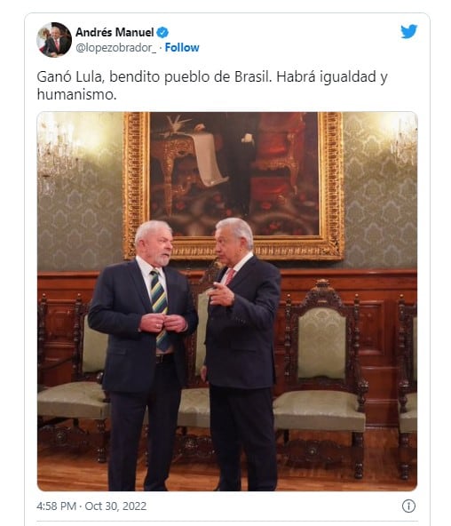 Tuit de AMLO sobre elecciones en Brasil